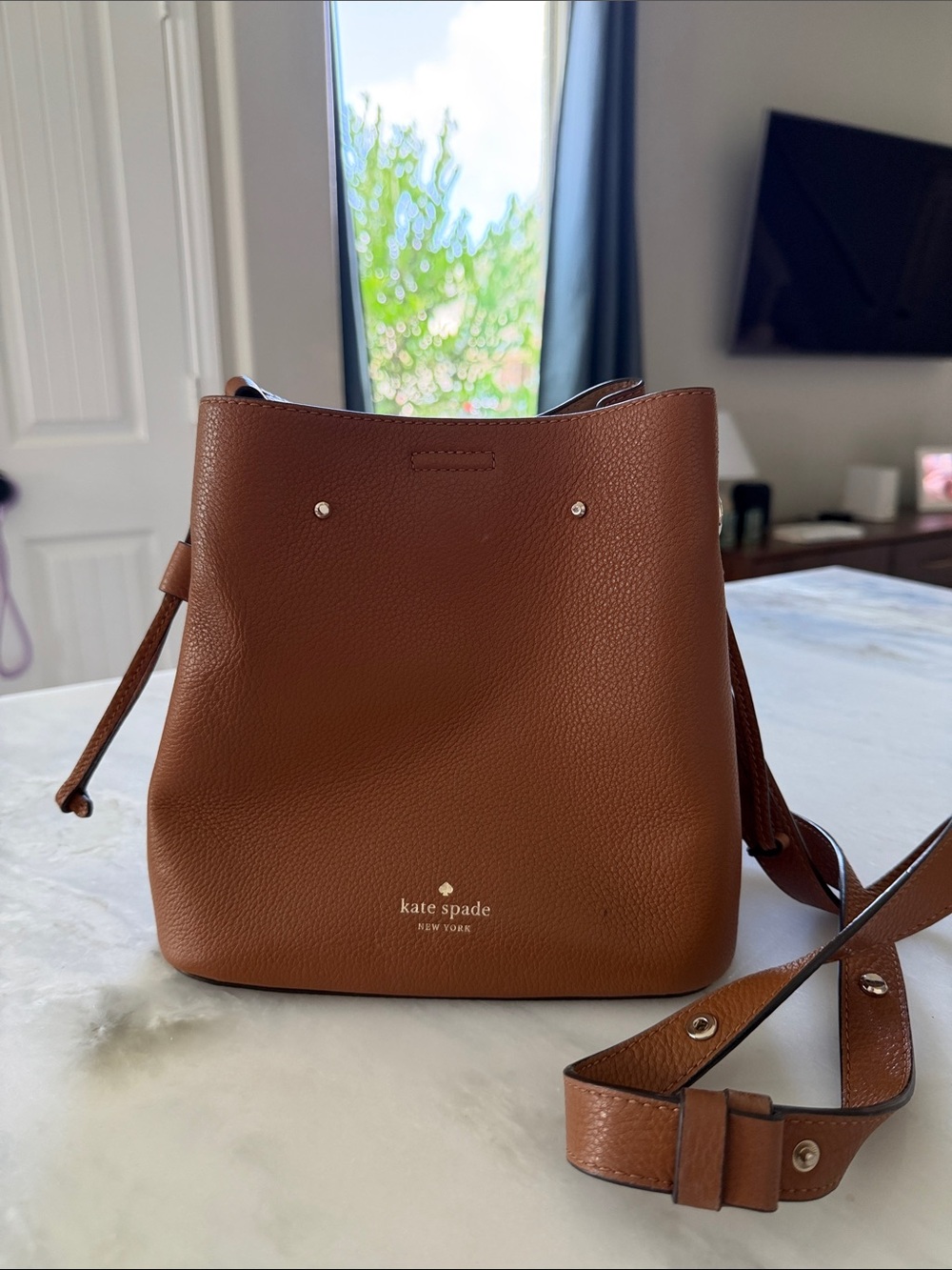 kate spade Brown Pebbled Leather Crossbody Bucket Bag